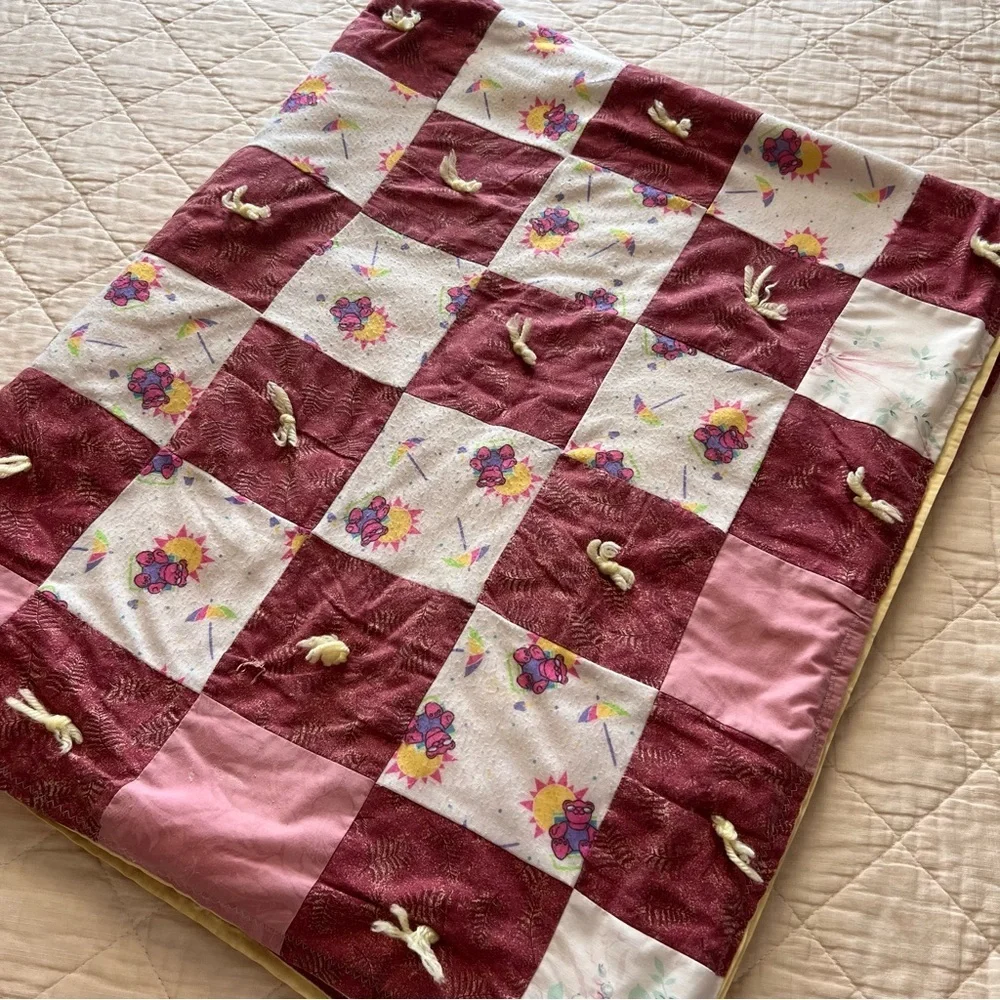 Vintage Handmade Patchwork Quilt 50x42 | Bears & Sunshine Print | Cozy Throw